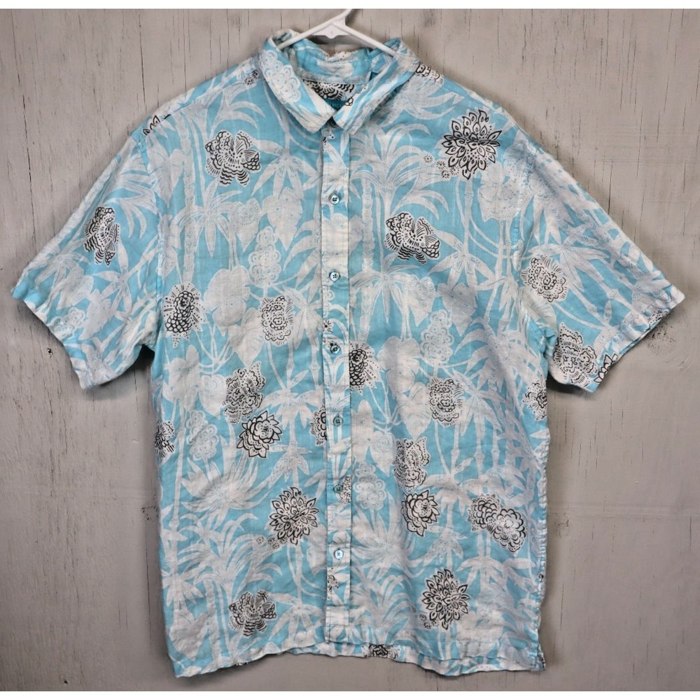 Mens Tori‎ Richard Shirt Button Front Floral Size XL White Blue Linen Hawaiian